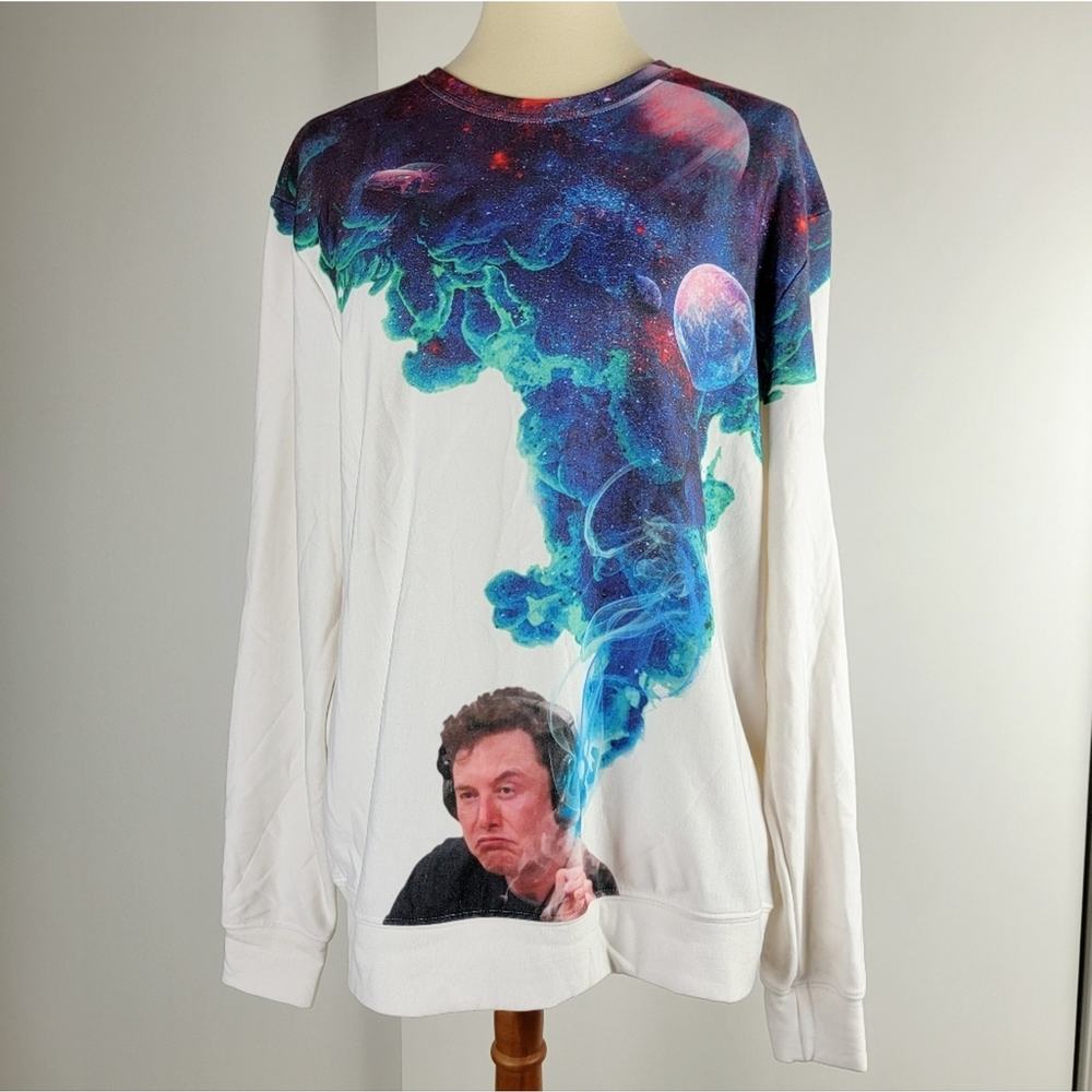 Aloha From Deer Just One Hit Elon Musk 420 Smoke Galaxy White Sweatshirt Large